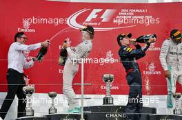 The podium (L to R): Andrew Shovlin (GBR) Mercedes AMG F1 Engineer celebrates with race winner Nico Rosberg (GER) Mercedes AMG F1; second placed Max Verstappen (NLD) Red Bull Racing and third placed Lewis Hamilton (GBR) Mercedes AMG F1. 09.10.2016. Formula 1 World Championship, Rd 17, Japanese Grand Prix, Suzuka, Japan, Race Day.