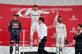 The podium (L to R): Max Verstappen (NLD) Red Bull Racing, second; Nico Rosberg (GER) Mercedes AMG F1, race winner; Lewis Hamilton (GBR) Mercedes AMG F1, third. 09.10.2016. Formula 1 World Championship, Rd 17, Japanese Grand Prix, Suzuka, Japan, Race Day.