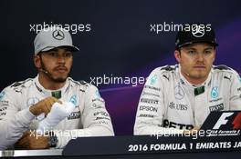 (L to R): Lewis Hamilton (GBR) Mercedes AMG F1 and team mate Nico Rosberg (GER) Mercedes AMG F1 in the post qualifying FIA Press Conference. 08.10.2016. Formula 1 World Championship, Rd 17, Japanese Grand Prix, Suzuka, Japan, Qualifying Day.