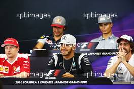 (L to R): Kimi Raikkonen (FIN) Ferrari; ljp; and Fernando Alonso (ESP) McLaren in the FIA Press Conference. 06.10.2016. Formula 1 World Championship, Rd 17, Japanese Grand Prix, Suzuka, Japan, Preparation Day.