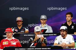 The FIA Press Conference (From back row (L to R)): Carlos Sainz Jr (ESP) Scuderia Toro Rosso; Pascal Wehrlein (GER) Manor Racing; Jolyon Palmer (GBR) Renault Sport F1 Team; Kimi Raikkonen (FIN) Ferrari; Lewis Hamilton (GBR) Mercedes AMG F1; Fernando Alonso (ESP) McLaren. 06.10.2016. Formula 1 World Championship, Rd 17, Japanese Grand Prix, Suzuka, Japan, Preparation Day.