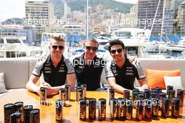 (L to R): Sergio Perez (MEX) Sahara Force India F1 with Bertrand Gachot (BEL) Hype Energy CEO and Nico Hulkenberg (GER) Sahara Force India F1 on the Hype Energy Drink yacht. 27.05.2016. Formula 1 World Championship, Rd 6, Monaco Grand Prix, Monte Carlo, Monaco, Friday.