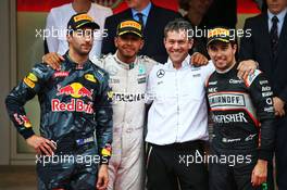 The podium (L to R): Daniel Ricciardo (AUS) Red Bull Racing, second; Lewis Hamilton (GBR) Mercedes AMG F1, race winner; Sergio Perez (MEX) Sahara Force India F1, third. 29.05.2015. Formula 1 World Championship, Rd 6, Monaco Grand Prix, Monte Carlo, Monaco, Race Day.