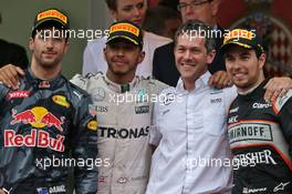 The podium (L to R): Daniel Ricciardo (AUS) Red Bull Racing, second; Lewis Hamilton (GBR) Mercedes AMG F1, race winner; Sergio Perez (MEX) Sahara Force India F1, third. 29.05.2015. Formula 1 World Championship, Rd 6, Monaco Grand Prix, Monte Carlo, Monaco, Race Day.