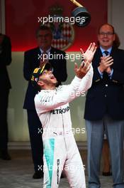 Race winner Lewis Hamilton (GBR) Mercedes AMG F1 celebrates on the podium. 29.05.2015. Formula 1 World Championship, Rd 6, Monaco Grand Prix, Monte Carlo, Monaco, Race Day.