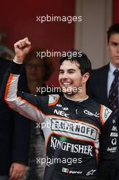 Sergio Perez (MEX) Sahara Force India F1 celebrates his third position on the podium. 29.05.2015. Formula 1 World Championship, Rd 6, Monaco Grand Prix, Monte Carlo, Monaco, Race Day.