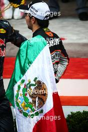 Sergio Perez (MEX) Sahara Force India F1 at the podium. 29.05.2015. Formula 1 World Championship, Rd 6, Monaco Grand Prix, Monte Carlo, Monaco, Race Day.