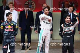 The podium (L to R): Daniel Ricciardo (AUS) Red Bull Racing, second; Lewis Hamilton (GBR) Mercedes AMG F1, race winner; Sergio Perez (MEX) Sahara Force India F1, third. 29.05.2015. Formula 1 World Championship, Rd 6, Monaco Grand Prix, Monte Carlo, Monaco, Race Day.