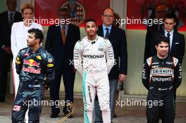 The podium (L to R): Daniel Ricciardo (AUS) Red Bull Racing, second; Lewis Hamilton (GBR) Mercedes AMG F1, race winner; Sergio Perez (MEX) Sahara Force India F1, third. 29.05.2015. Formula 1 World Championship, Rd 6, Monaco Grand Prix, Monte Carlo, Monaco, Race Day.