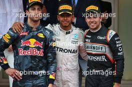 The podium (L to R): Daniel Ricciardo (AUS) Red Bull Racing, second; Lewis Hamilton (GBR) Mercedes AMG F1, race winner; Sergio Perez (MEX) Sahara Force India F1, third. 29.05.2015. Formula 1 World Championship, Rd 6, Monaco Grand Prix, Monte Carlo, Monaco, Race Day.