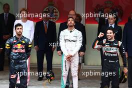 The podium (L to R): Daniel Ricciardo (AUS) Red Bull Racing, second; Lewis Hamilton (GBR) Mercedes AMG F1, race winner; Sergio Perez (MEX) Sahara Force India F1, third. 29.05.2015. Formula 1 World Championship, Rd 6, Monaco Grand Prix, Monte Carlo, Monaco, Race Day.