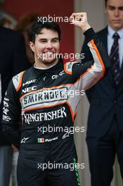 Sergio Perez (MEX) Sahara Force India F1 celebrates on the podium. 29.05.2015. Formula 1 World Championship, Rd 6, Monaco Grand Prix, Monte Carlo, Monaco, Race Day.