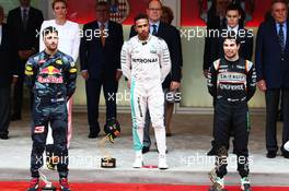 The podium (L to R): Daniel Ricciardo (AUS) Red Bull Racing, second; Lewis Hamilton (GBR) Mercedes AMG F1, race winner; Sergio Perez (MEX) Sahara Force India F1, third. 29.05.2015. Formula 1 World Championship, Rd 6, Monaco Grand Prix, Monte Carlo, Monaco, Race Day.