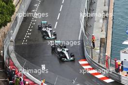 Nico Rosberg (GER) Mercedes AMG F1 W07 Hybrid leads team mate Lewis Hamilton (GBR) Mercedes AMG F1 W07 Hybrid. 29.05.2015. Formula 1 World Championship, Rd 6, Monaco Grand Prix, Monte Carlo, Monaco, Race Day.