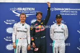 Qualifying top three in parc ferme (L to R): Nico Rosberg (GER) Mercedes AMG F1, second; Daniel Ricciardo (AUS) Red Bull Racing, pole position; Lewis Hamilton (GBR) Mercedes AMG F1, third. 28.05.2016. Formula 1 World Championship, Rd 6, Monaco Grand Prix, Monte Carlo, Monaco, Qualifying Day.