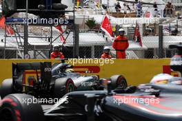 Lewis Hamilton (GBR) Mercedes AMG F1 W07 Hybrid leads Fernando Alonso (ESP) McLaren MP4-31. 26.05.2016. Formula 1 World Championship, Rd 6, Monaco Grand Prix, Monte Carlo, Monaco, Practice Day.