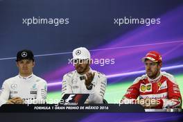 The FIA Press Conference (L to R): Nico Rosberg (GER) Mercedes AMG F1, second; Lewis Hamilton (GBR) Mercedes AMG F1, race winner; Sebastian Vettel (GER) Ferrari, third. 30.10.2016. Formula 1 World Championship, Rd 19, Mexican Grand Prix, Mexico City, Mexico, Race Day.