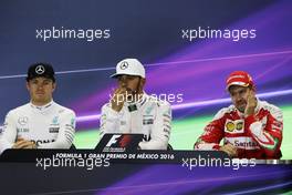 The FIA Press Conference (L to R): Nico Rosberg (GER) Mercedes AMG F1, second; Lewis Hamilton (GBR) Mercedes AMG F1, race winner; Sebastian Vettel (GER) Ferrari, third. 30.10.2016. Formula 1 World Championship, Rd 19, Mexican Grand Prix, Mexico City, Mexico, Race Day.