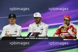 The FIA Press Conference (L to R): Nico Rosberg (GER) Mercedes AMG F1, second; Lewis Hamilton (GBR) Mercedes AMG F1, race winner; Sebastian Vettel (GER) Ferrari, third. 30.10.2016. Formula 1 World Championship, Rd 19, Mexican Grand Prix, Mexico City, Mexico, Race Day.