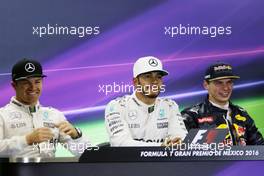 Qualifying top three in the FIA Press Conference (L to R): Nico Rosberg (GER) Mercedes AMG F1, second; Lewis Hamilton (GBR) Mercedes AMG F1, pole position; Max Verstappen (NLD) Red Bull Racing, third. 29.10.2016. Formula 1 World Championship, Rd 19, Mexican Grand Prix, Mexico City, Mexico, Qualifying Day.