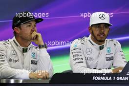 (L to R): Nico Rosberg (GER) Mercedes AMG F1 and team mate Lewis Hamilton (GBR) Mercedes AMG F1 in the FIA Press Conference. 29.10.2016. Formula 1 World Championship, Rd 19, Mexican Grand Prix, Mexico City, Mexico, Qualifying Day.