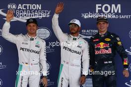 Pole for Lewis Hamilton (GBR) Mercedes AMG F1 W07 , 2nd for Nico Rosberg (GER) Mercedes AMG Petronas F1 W07 and 3rd for Max Verstappen (NLD) Red Bull Racing RB12. 29.10.2016. Formula 1 World Championship, Rd 19, Mexican Grand Prix, Mexico City, Mexico, Qualifying Day.