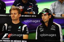 (L to R): Nico Rosberg (GER) Mercedes AMG F1 and Sergio Perez (MEX) Sahara Force India F1 in the FIA Press Conference. 27.10.2016. Formula 1 World Championship, Rd 19, Mexican Grand Prix, Mexico City, Mexico, Preparation Day.