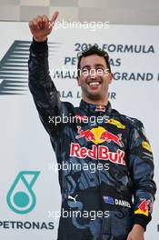 Race winner Daniel Ricciardo (AUS) Red Bull Racing celebrates on the podium. 02.10.2016. Formula 1 World Championship, Rd 16, Malaysian Grand Prix, Sepang, Malaysia, Sunday.