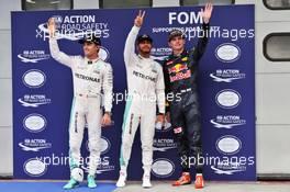 Qualifying top three in parc ferme (L to R): Nico Rosberg (GER) Mercedes AMG F1, second; Lewis Hamilton (GBR) Mercedes AMG F1, pole position; Max Verstappen (NLD) Red Bull Racing, third. 01.10.2016. Formula 1 World Championship, Rd 16, Malaysian Grand Prix, Sepang, Malaysia, Saturday.