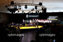 (L to R): Carlos Ghosn (FRA) Chairman of Renault with Jolyon Palmer (GBR) Renault Sport Formula One Team; Esteban Ocon (FRA) Renault Sport Formula One Team Test Driver and Kevin Magnussen (DEN) Renault Sport Formula One Team. 03.02.2016. Renault Sport Formula One Team RS16 Launch, Renault Technocentre, Paris, France.