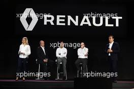 (L to R): Jerome Stoll (FRA) Renault Sport F1 President with Cyril Abiteboul (FRA) Renault Sport F1 Managing Director; Frederic Vasseur (FRA) Renault Sport Formula One Team Racing Director; and Carlos Ghosn (FRA) Chairman of Renault. 03.02.2016. Renault Sport Formula One Team RS16 Launch, Renault Technocentre, Paris, France.