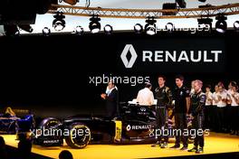 (L to R): Carlos Ghosn (FRA) Chairman of Renault with Jolyon Palmer (GBR) Renault Sport Formula One Team; Esteban Ocon (FRA) Renault Sport Formula One Team Test Driver; and Kevin Magnussen (DEN) Renault Sport Formula One Team. 03.02.2016. Renault Sport Formula One Team RS16 Launch, Renault Technocentre, Paris, France.