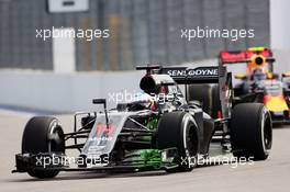 Fernando Alonso (ESP) McLaren MP4-31 with flow-vis paint paint on the front wing. 29.10.2016. Formula 1 World Championship, Rd 4, Russian Grand Prix, Sochi Autodrom, Sochi, Russia, Practice Day.