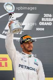 Lewis Hamilton (GBR) Mercedes AMG F1 celebrates his second position on the podium. 01.05.2016. Formula 1 World Championship, Rd 4, Russian Grand Prix, Sochi Autodrom, Sochi, Russia, Race Day.