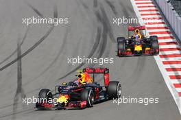 Daniil Kvyat (RUS) Red Bull Racing RB12 leads team mate Daniel Ricciardo (AUS) Red Bull Racing RB12. 01.05.2016. Formula 1 World Championship, Rd 4, Russian Grand Prix, Sochi Autodrom, Sochi, Russia, Race Day.