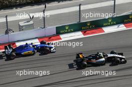 Sergio Perez (MEX) Sahara Force India F1 VJM09 leads Marcus Ericsson (SWE) Sauber C35. 01.05.2016. Formula 1 World Championship, Rd 4, Russian Grand Prix, Sochi Autodrom, Sochi, Russia, Race Day.