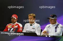 The post qualifying FIA Press Conference (L to R): Sebastian Vettel (GER) Ferrari; Nico Rosberg (GER) Mercedes AMG F1; Valtteri Bottas (FIN) Williams. 30.04.2016. Formula 1 World Championship, Rd 4, Russian Grand Prix, Sochi Autodrom, Sochi, Russia, Qualifying Day.