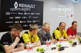 (L to R): Sergey Sirotkin (RUS) Renault Sport F1 Team Test Driver; Boris Rotenberg (RUS) SMP Bank and SGM Group Co-Owner; and Frederic Vasseur (FRA) Renault Sport F1 Team Racing Director, at a Media Call. 30.04.2016. Formula 1 World Championship, Rd 4, Russian Grand Prix, Sochi Autodrom, Sochi, Russia, Qualifying Day.