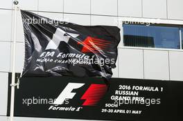 F1 flag. 28.04.2016. Formula 1 World Championship, Rd 4, Russian Grand Prix, Sochi Autodrom, Sochi, Russia, Preparation Day.