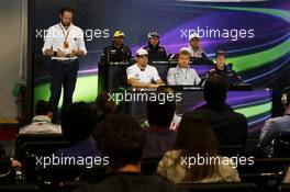 The FIA Press Conference (from back row (L to R)): Felipe Nasr (BRA) Sauber F1 Team; Sergio Perez (MEX) Sahara Force India F1; Esteban Gutierrez (MEX) Haas F1 Team; Jenson Button (GBR) McLaren; Nico Rosberg (GER) Mercedes AMG F1; Daniil Kvyat (RUS) Red Bull Racing.  28.04.2016. Formula 1 World Championship, Rd 4, Russian Grand Prix, Sochi Autodrom, Sochi, Russia, Preparation Day.