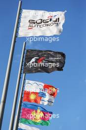 F1 and Sochi Autodrom flags. 28.04.2016. Formula 1 World Championship, Rd 4, Russian Grand Prix, Sochi Autodrom, Sochi, Russia, Preparation Day.