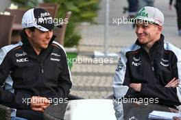 (L to R): Sergio Perez (MEX) Sahara Force India F1 with team mate Nico Hulkenberg (GER) Sahara Force India F1. 28.04.2016. Formula 1 World Championship, Rd 4, Russian Grand Prix, Sochi Autodrom, Sochi, Russia, Preparation Day.