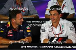 (L to R): Christian Horner (GBR) Red Bull Racing Team Principal and Toto Wolff (GER) Mercedes AMG F1 Shareholder and Executive Director in the FIA Press Conference. 16.09.2016. Formula 1 World Championship, Rd 15, Singapore Grand Prix, Marina Bay Street Circuit, Singapore, Practice Day.