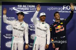 Pole for Lewis Hamilton (GBR) Mercedes AMG F1 W07 , 2nd for Nico Rosberg (GER) Mercedes AMG Petronas F1 W07 and 3rd for Daniel Ricciardo (AUS) Red Bull Racing RB12. 26.11.2016. Formula 1 World Championship, Rd 21, Abu Dhabi Grand Prix, Yas Marina Circuit, Abu Dhabi, Qualifying Day.