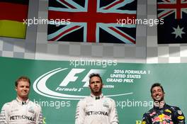 The podium (L to R): Nico Rosberg (GER) Mercedes AMG F1, second; Lewis Hamilton (GBR) Mercedes AMG F1, race winner; Daniel Ricciardo (AUS) Red Bull Racing, third. 23.10.2016. Formula 1 World Championship, Rd 18, United States Grand Prix, Austin, Texas, USA, Race Day.