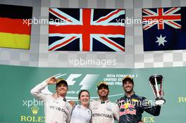 The podium (L to R): Nico Rosberg (GER) Mercedes AMG F1, second; Victoria Vowles (GBR) Mercedes AMG F1 Partner Services Director; Lewis Hamilton (GBR) Mercedes AMG F1, race winner; Daniel Ricciardo (AUS) Red Bull Racing, third.. 23.10.2016. Formula 1 World Championship, Rd 18, United States Grand Prix, Austin, Texas, USA, Race Day.