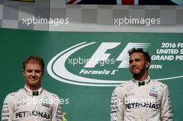 The podium (L to R): second placed Nico Rosberg (GER) Mercedes AMG F1 with race winner Lewis Hamilton (GBR) Mercedes AMG F1. 23.10.2016. Formula 1 World Championship, Rd 18, United States Grand Prix, Austin, Texas, USA, Race Day.