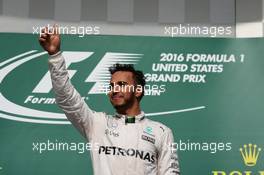 Race winner Lewis Hamilton (GBR) Mercedes AMG F1 celebrates on the podium. 23.10.2016. Formula 1 World Championship, Rd 18, United States Grand Prix, Austin, Texas, USA, Race Day.
