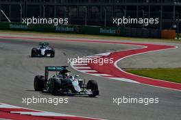 Lewis Hamilton (GBR) Mercedes AMG F1 W07 Hybrid leads team mate Nico Rosberg (GER) Mercedes AMG F1 W07 Hybrid. 23.10.2016. Formula 1 World Championship, Rd 18, United States Grand Prix, Austin, Texas, USA, Race Day.
