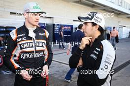 (L to R): Nico Hulkenberg (GER) Sahara Force India F1 with team mate Sergio Perez (MEX) Sahara Force India F1. 22.10.2016. Formula 1 World Championship, Rd 18, United States Grand Prix, Austin, Texas, USA, Qualifying Day.